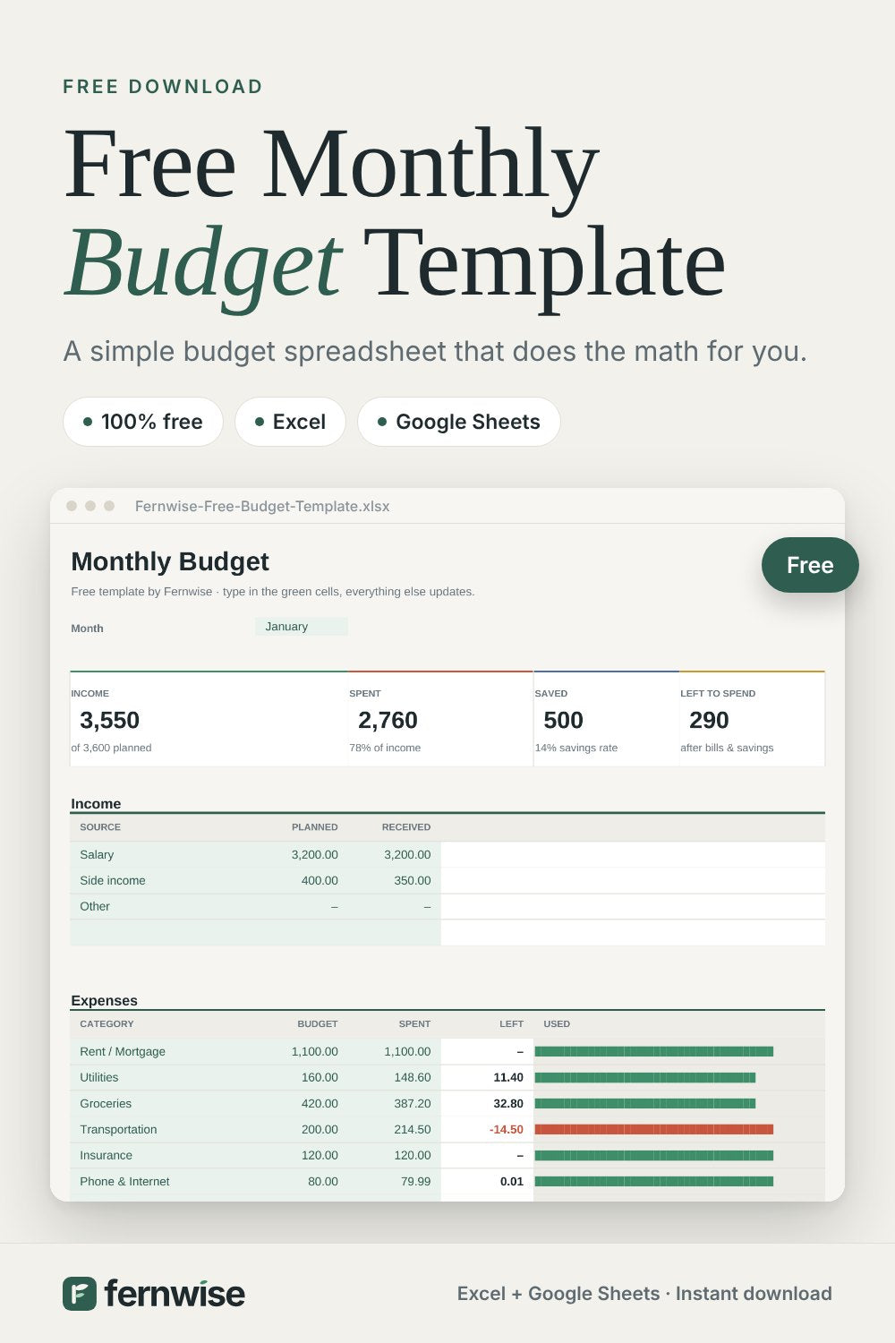 Free monthly budget template spreadsheet for the 50/30/20 rule