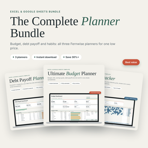 Complete Planner Bundle: Ultimate Budget Planner, Debt Payoff Planner and Habit Tracker spreadsheets