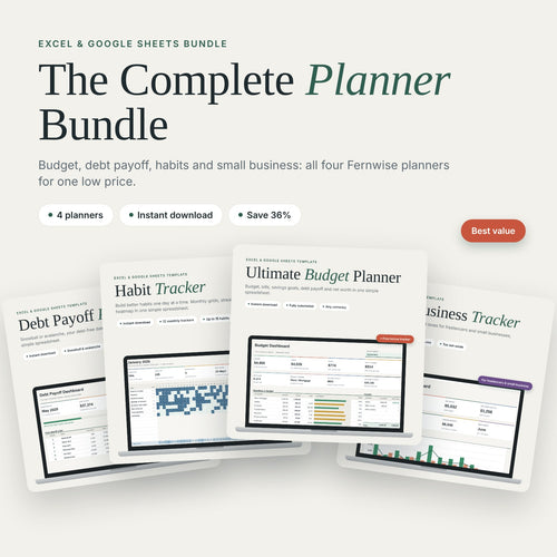 Complete Planner Bundle: Budget Planner, Debt Payoff Planner, Habit Tracker and Small Business Tracker spreadsheets