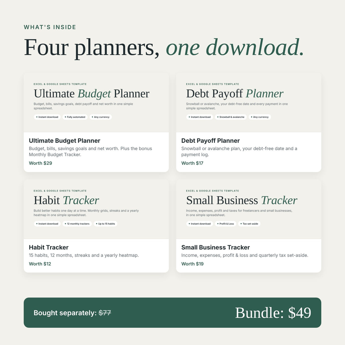 What's inside the planner bundle: four Excel and Google Sheets planners worth $77 for $49