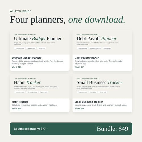 What's inside the planner bundle: four Excel and Google Sheets planners worth $77 for $49