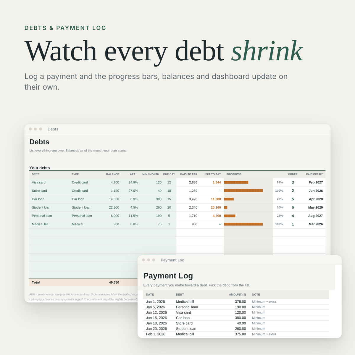 Debt tracker with progress bars and payment log