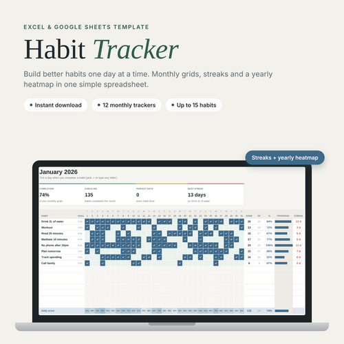 Habit Tracker spreadsheet for Excel and Google Sheets on a laptop