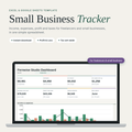 Small business income and expense tracker spreadsheet dashboard for Excel and Google Sheets on a laptop