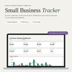 Small business income and expense tracker spreadsheet dashboard for Excel and Google Sheets on a laptop