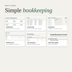 Business tracker tabs: dashboard, income log, expenses, profit and loss, tax summary, guide