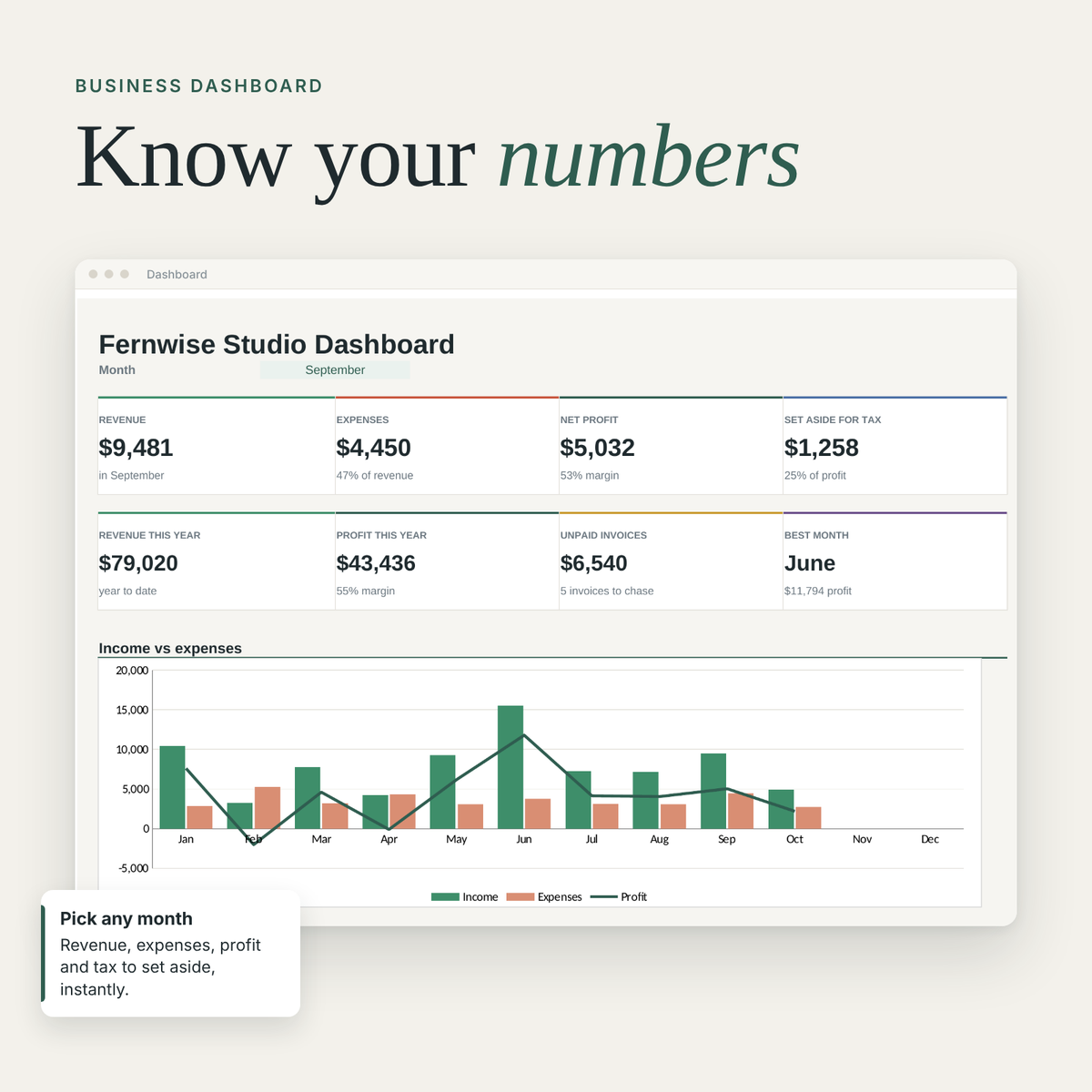 Monthly business dashboard with revenue, expenses, net profit, tax set-aside and income vs expenses chart