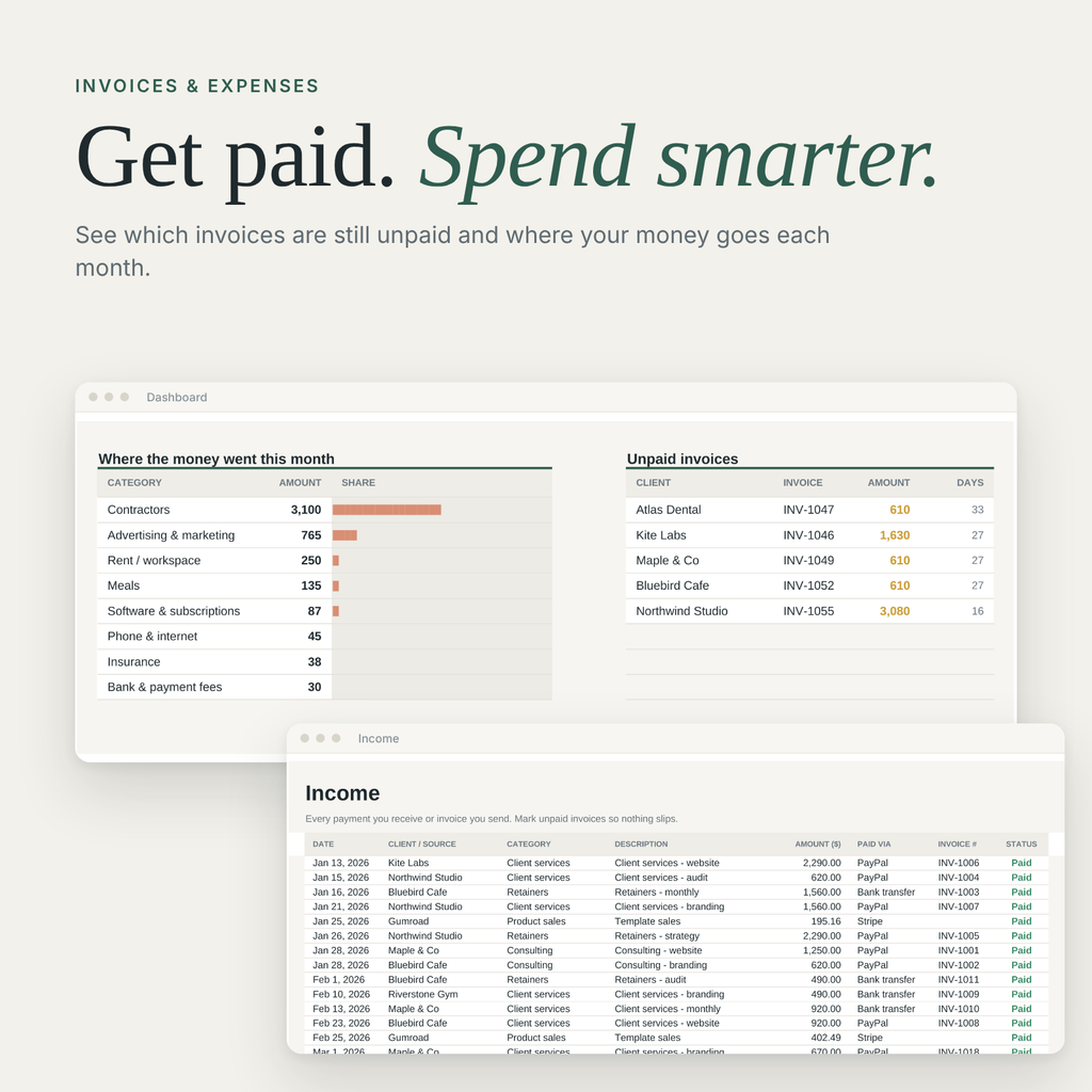 Unpaid invoice tracker and expense categories with income log