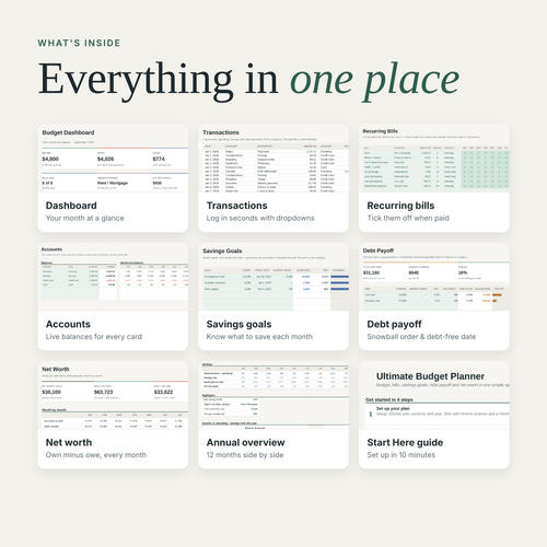 All 9 tabs of the budget planner: dashboard, transactions, bills, accounts, goals, debt, net worth, annual overview, guide