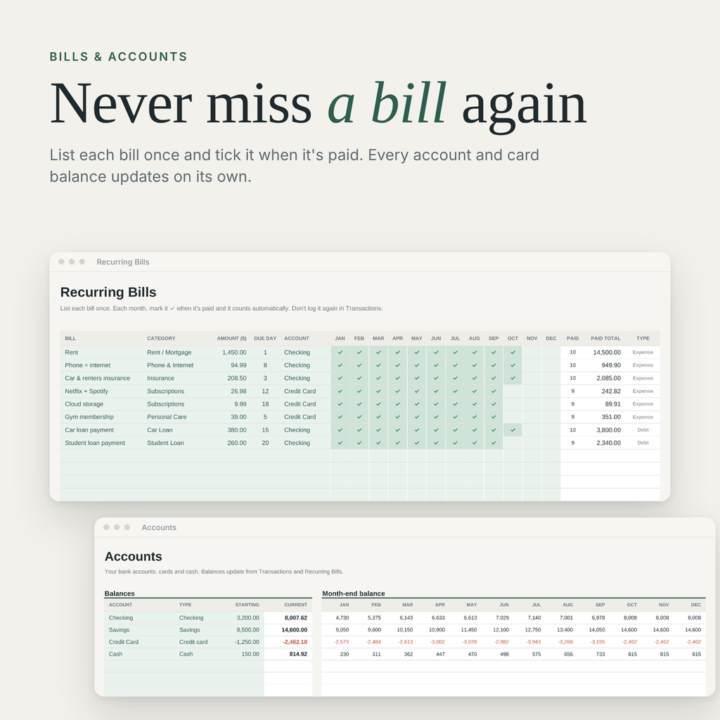 Recurring bills tracker with monthly paid checkmarks and account balances