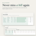 Recurring bills tracker with monthly paid checkmarks and account balances