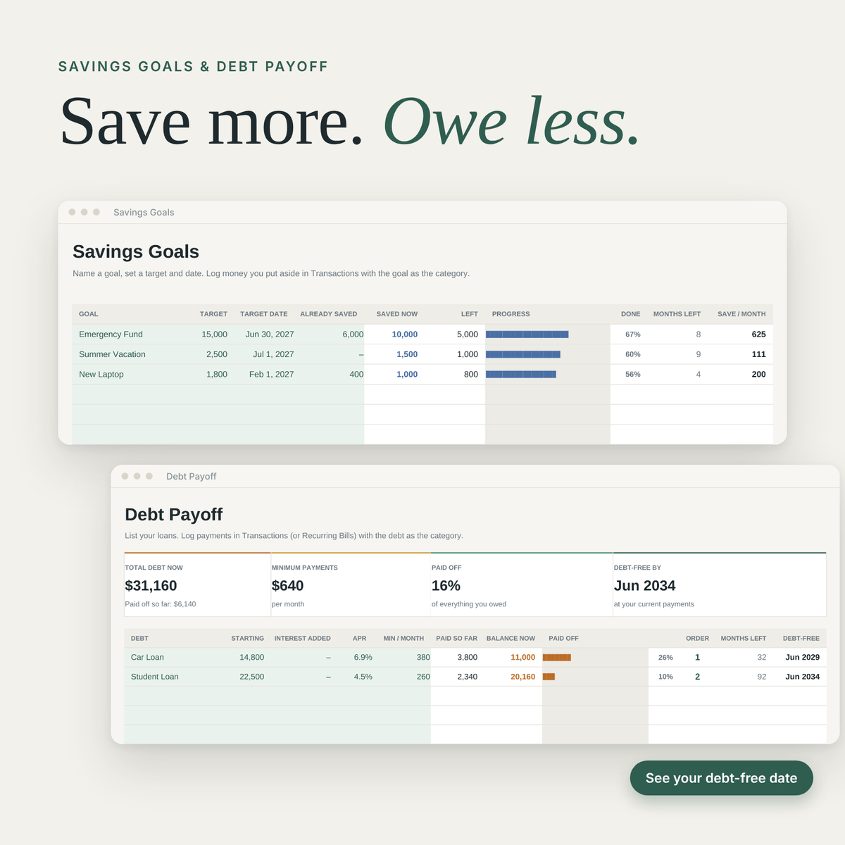 Savings goals tracker and debt snowball payoff calculator with debt-free date