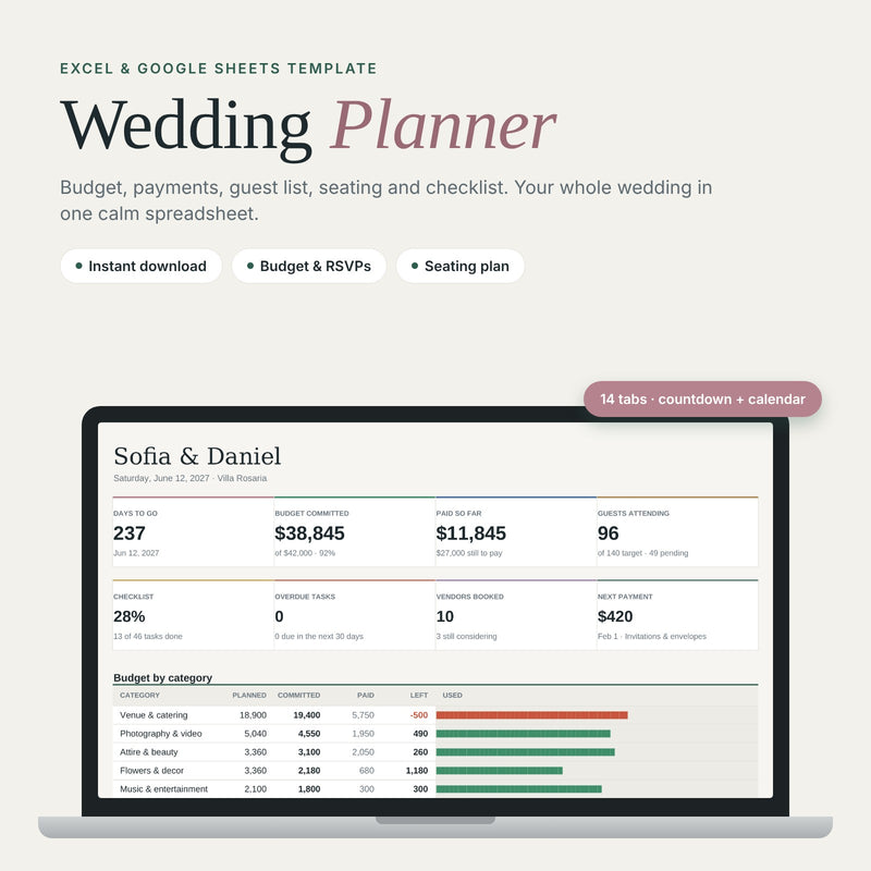 Wedding Planner – Budget, Guest List & Checklist Spreadsheet