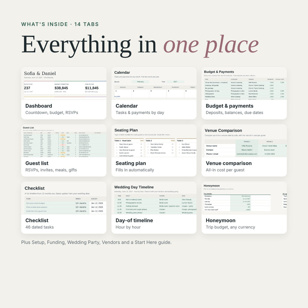 Wedding planner 14 tabs: dashboard, calendar, budget, guest list, seating, venue comparison, checklist, timeline, honeymoon