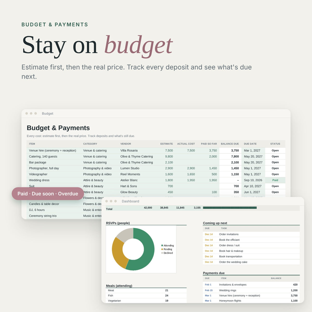 Wedding budget and payment tracker with deposits, balance due and RSVP chart