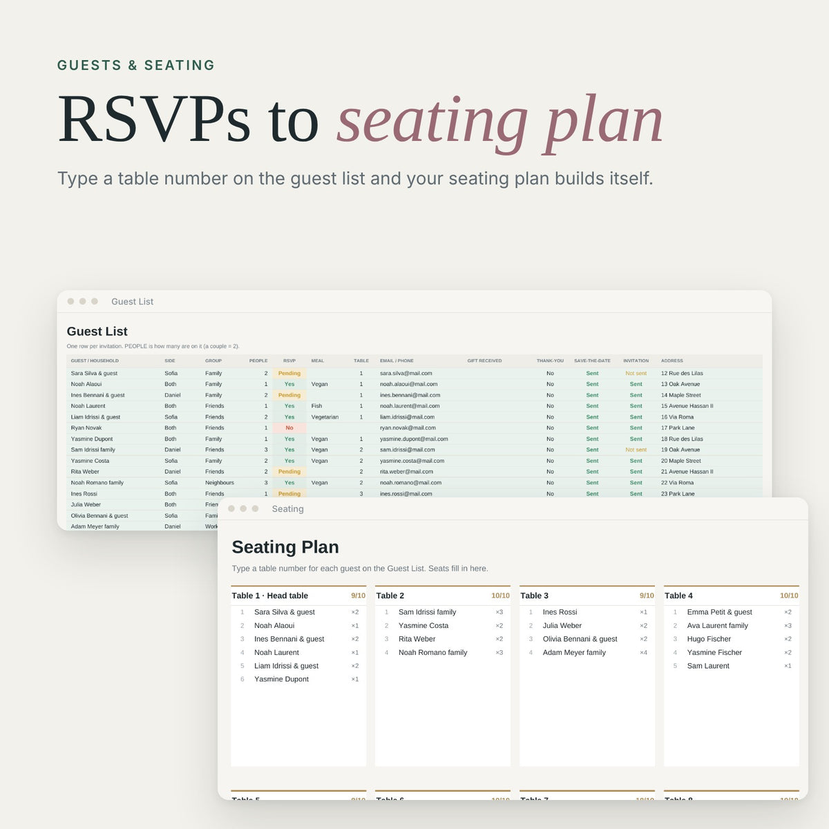 Wedding guest list with RSVPs, invitations and meals and automatic seating plan