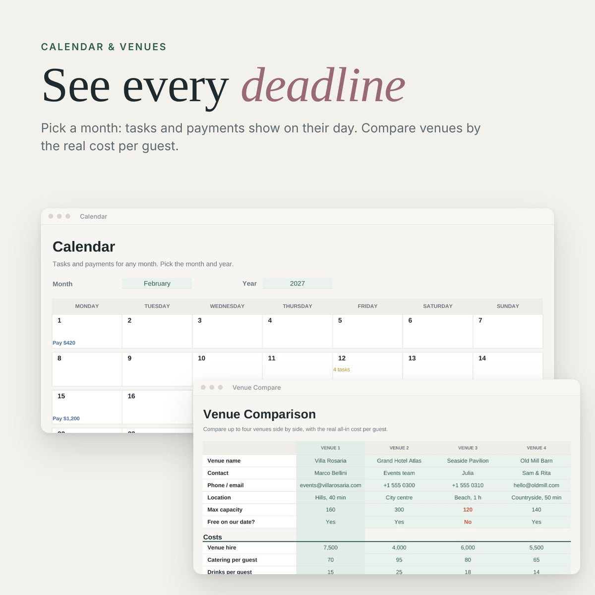 Wedding calendar with tasks and payments by day and venue comparison with cost per guest